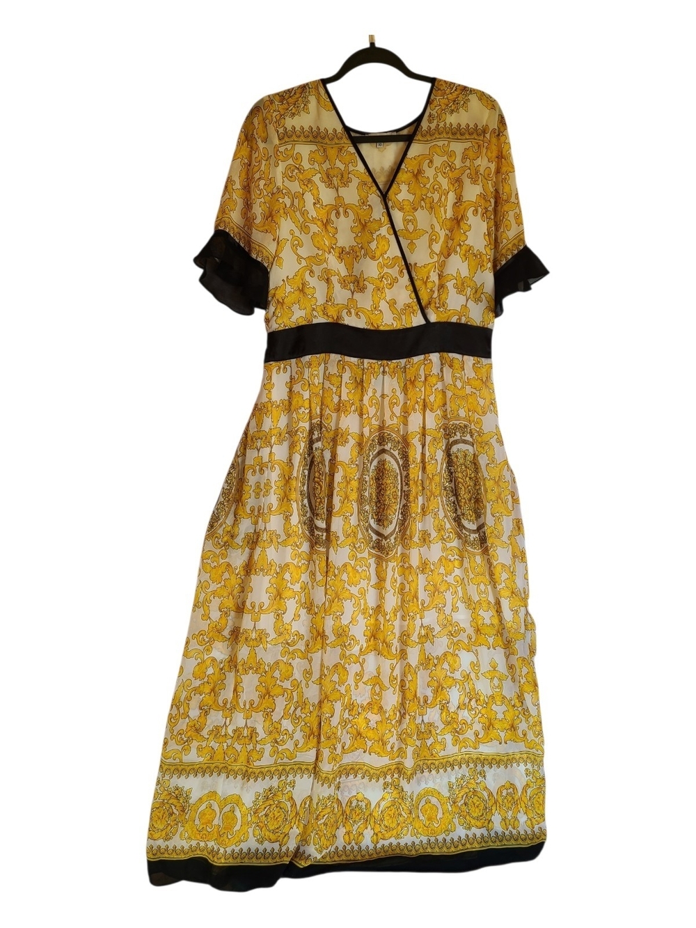 Misslook Baroque Print Maxi Dress - Yellow/Gold & Black - Size 10